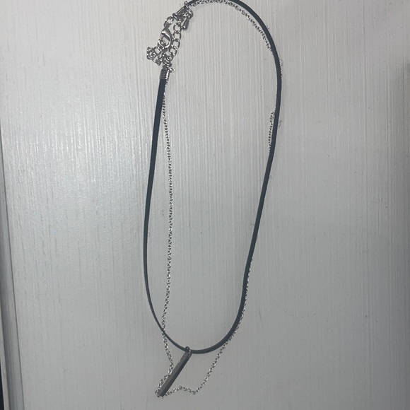 Double Chain Choker: Silver Plain Chain & Black Leather Chain with Silver Piece - Picture 2 of 3